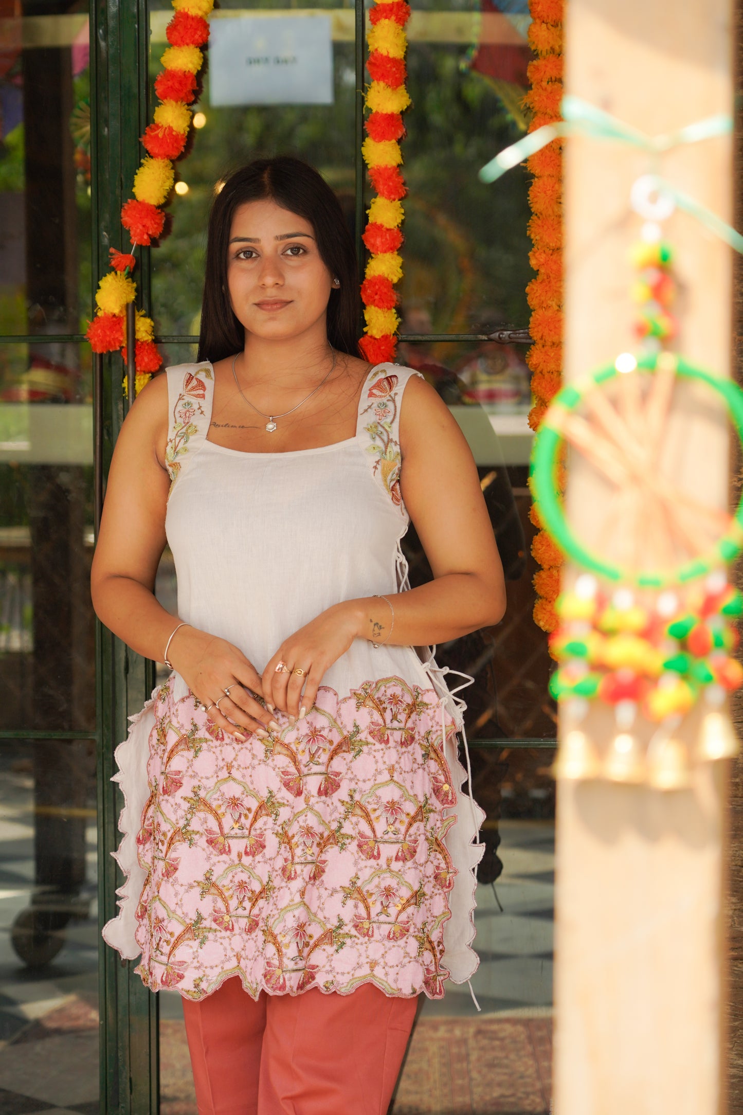 hand embroidered kurti and pant set (lotus arch)